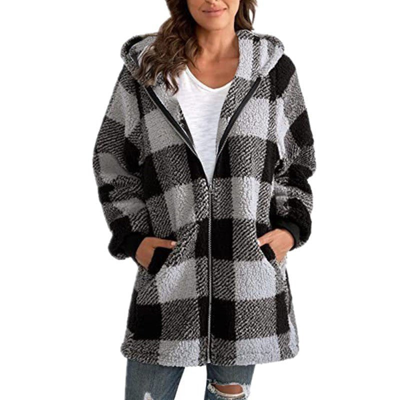 Women's Oversized Plaid Fleece Hooded Longline Teddy Jacket - Gray
