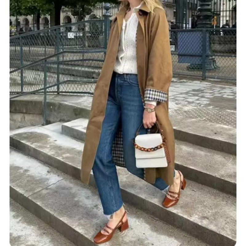 Women's Oversized Suede Longline Trench Coat - Brown
