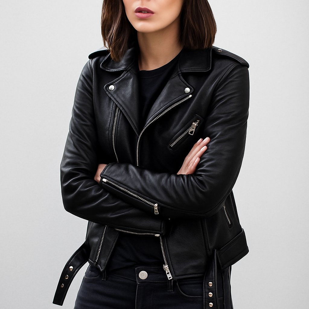 Women's Slim Cropped Leather Biker Jacket - Black