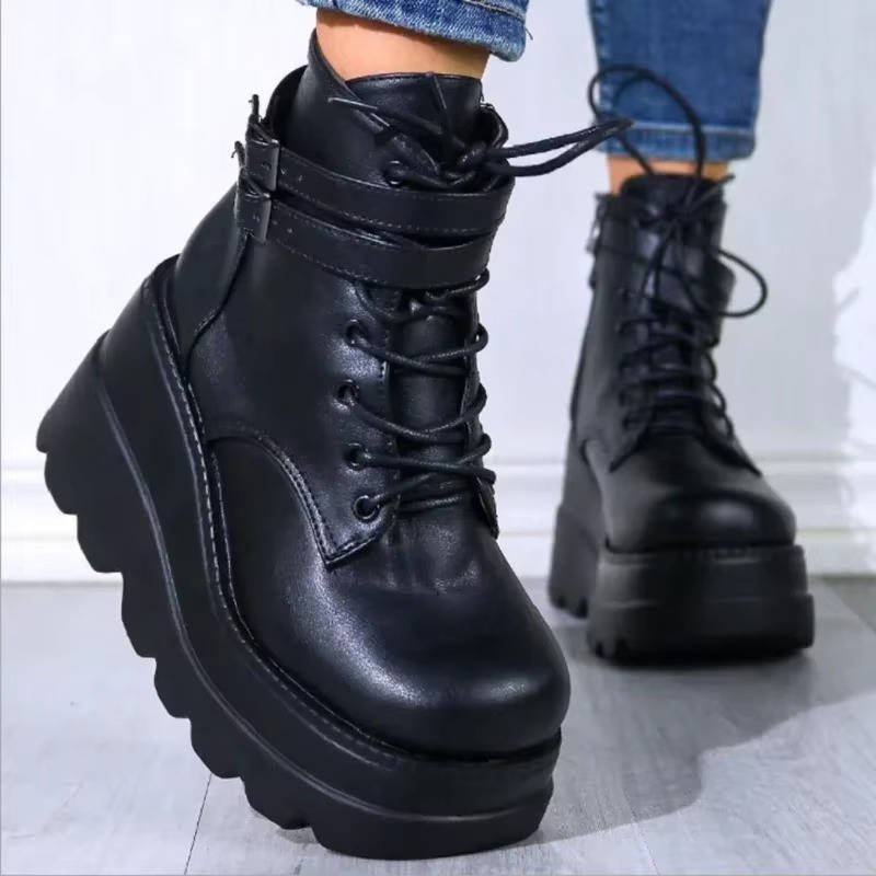 Women's Faux Leather Platform Combat Boots - Black