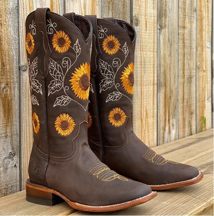 Women's Floral Leather Western Cowboy Boots - Dark Brown