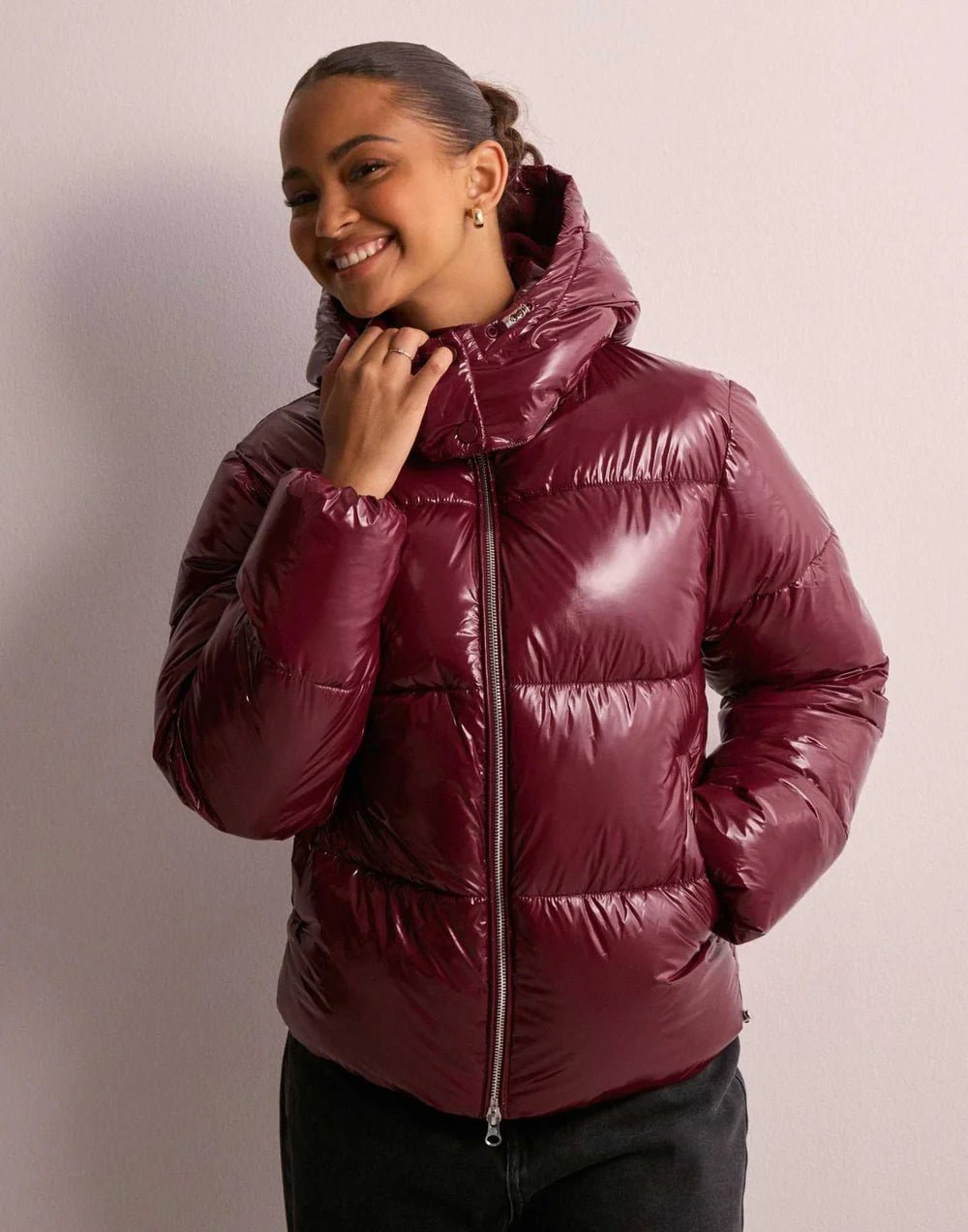 Women's Glossy Hooded Puffer Jacket - Red