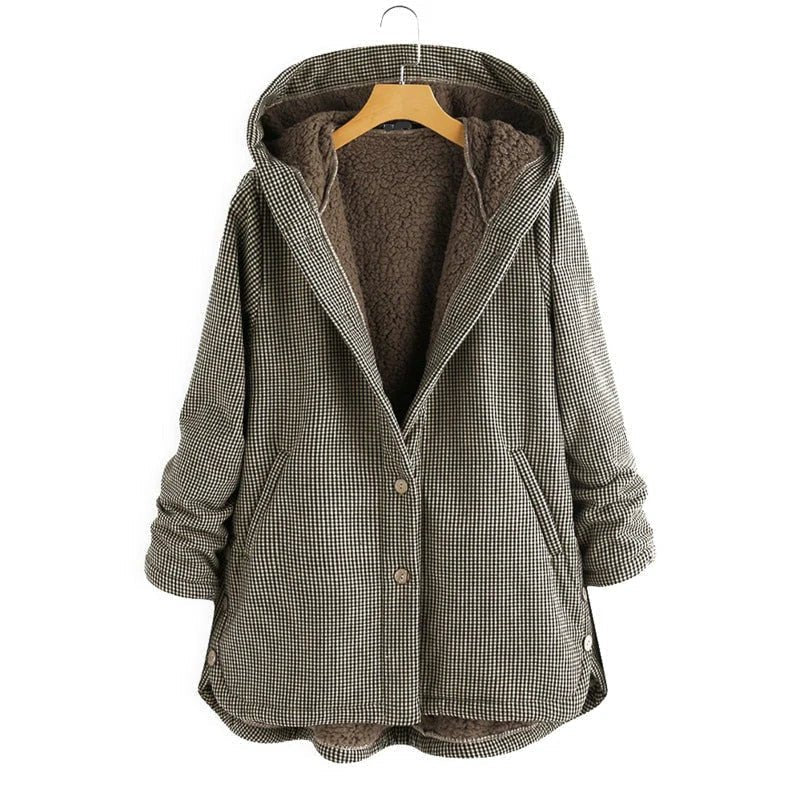 Women's Oversized Plaid Hooded Teddy Coat - Brown