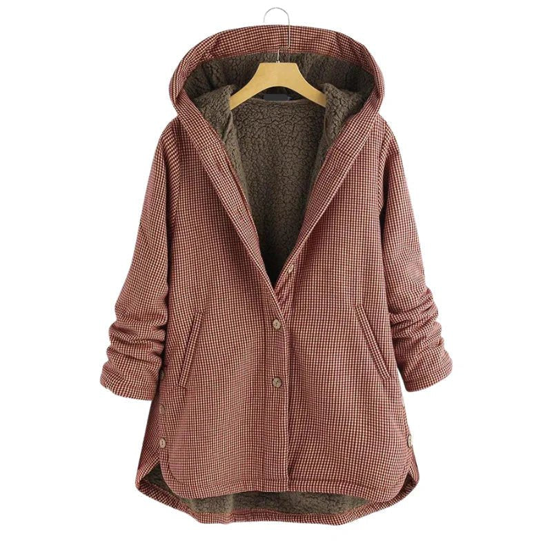 Women's Oversized Plaid Hooded Teddy Coat - Red