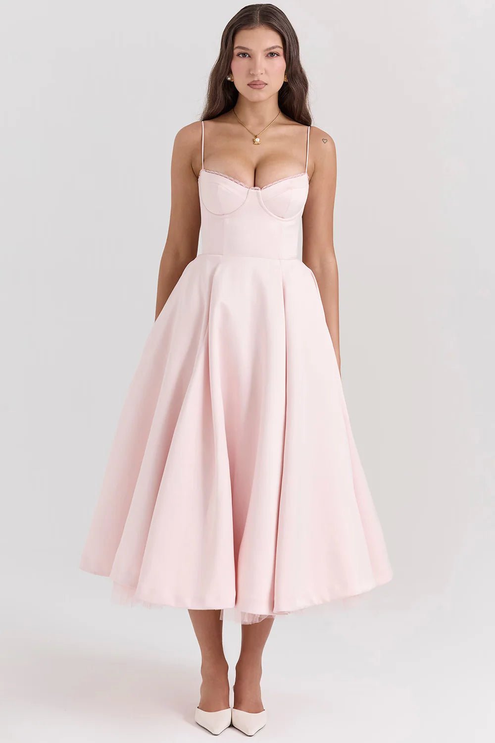 Women's Cocktail Satin Lace Midi Party Dress - Pink