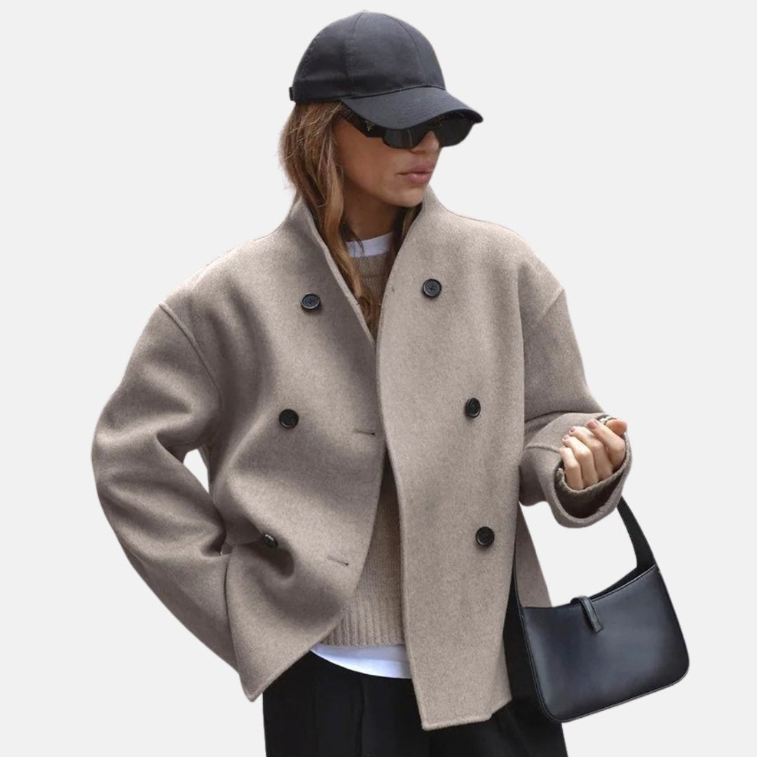 Women's Cropped Wool Double-Breasted Jacket - Brown