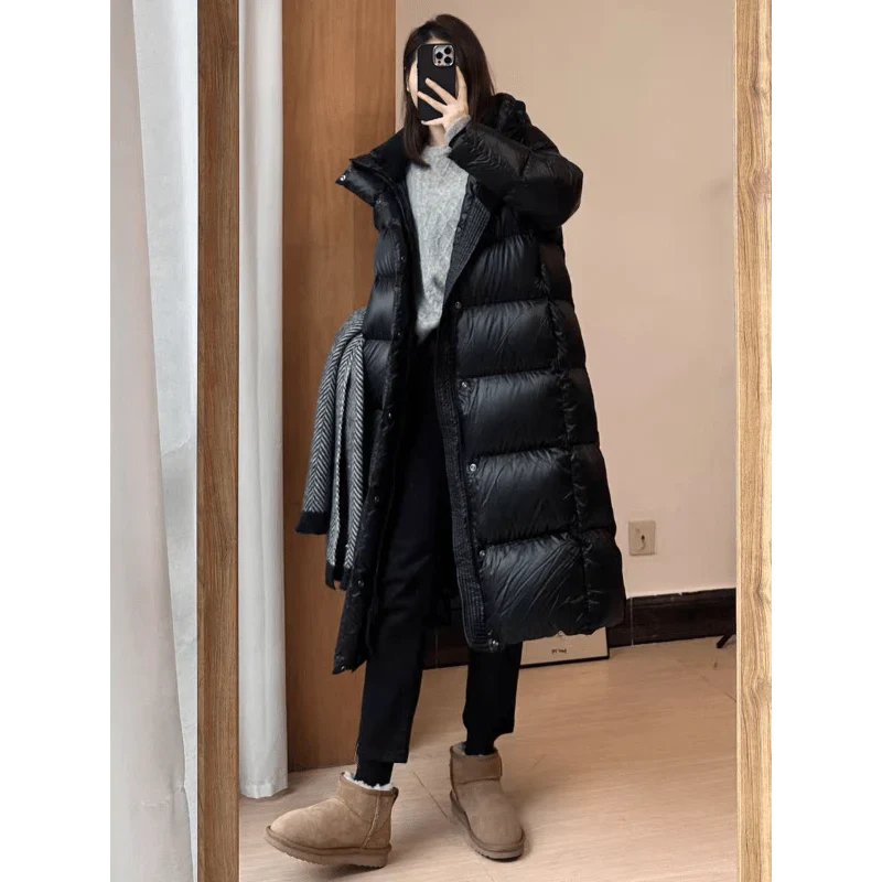Women's Nylon Hooded Longline Puffer Coat - Black