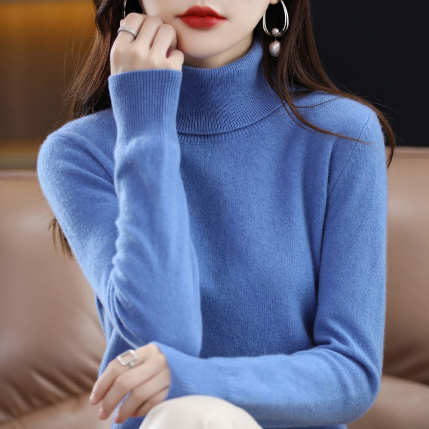 Women's Slim Cashmere Wool Roll Neck Jumper - Blue