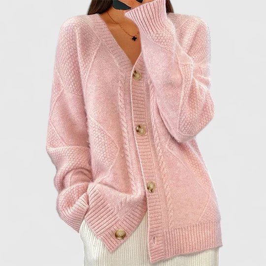 Women's Cable Knit Wool V-Neck Cardigan - Pink