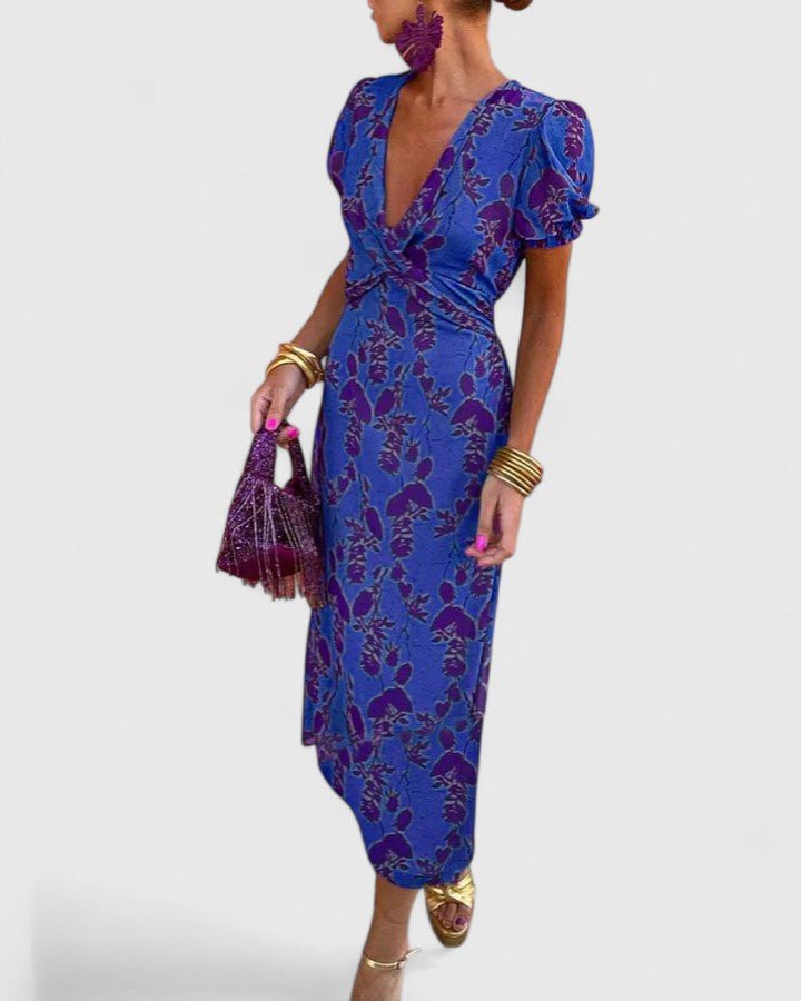 Women's Floral Cocktail Satin Midi Party Wrap Dress - Blue