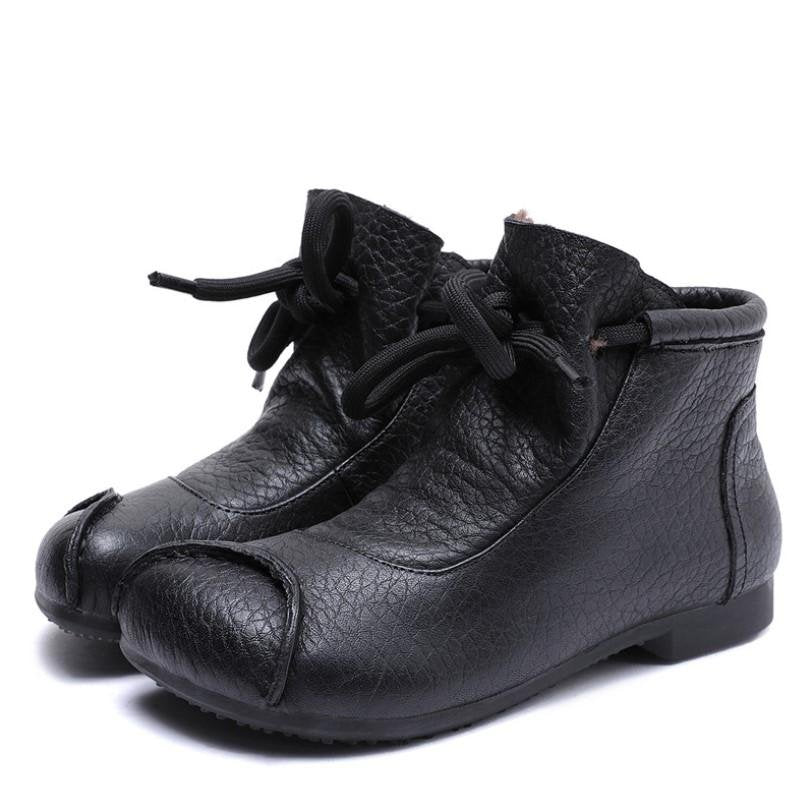 Women's Leather Lace-Up Winter Ankle Boots - Black