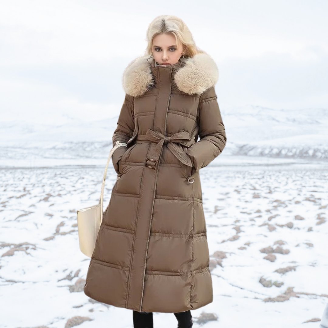 Women's Oversized Belted Longline Faux Fur Puffer Coat - Brown and Beige
