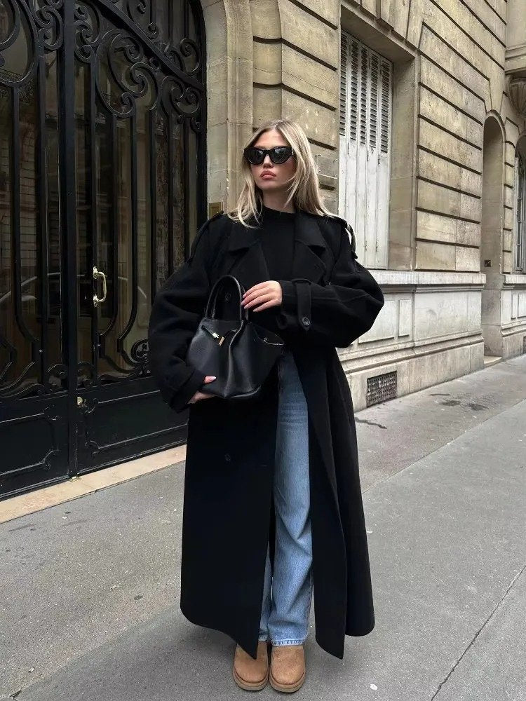 Women's Oversized Belted Wool Trench Coat - Black