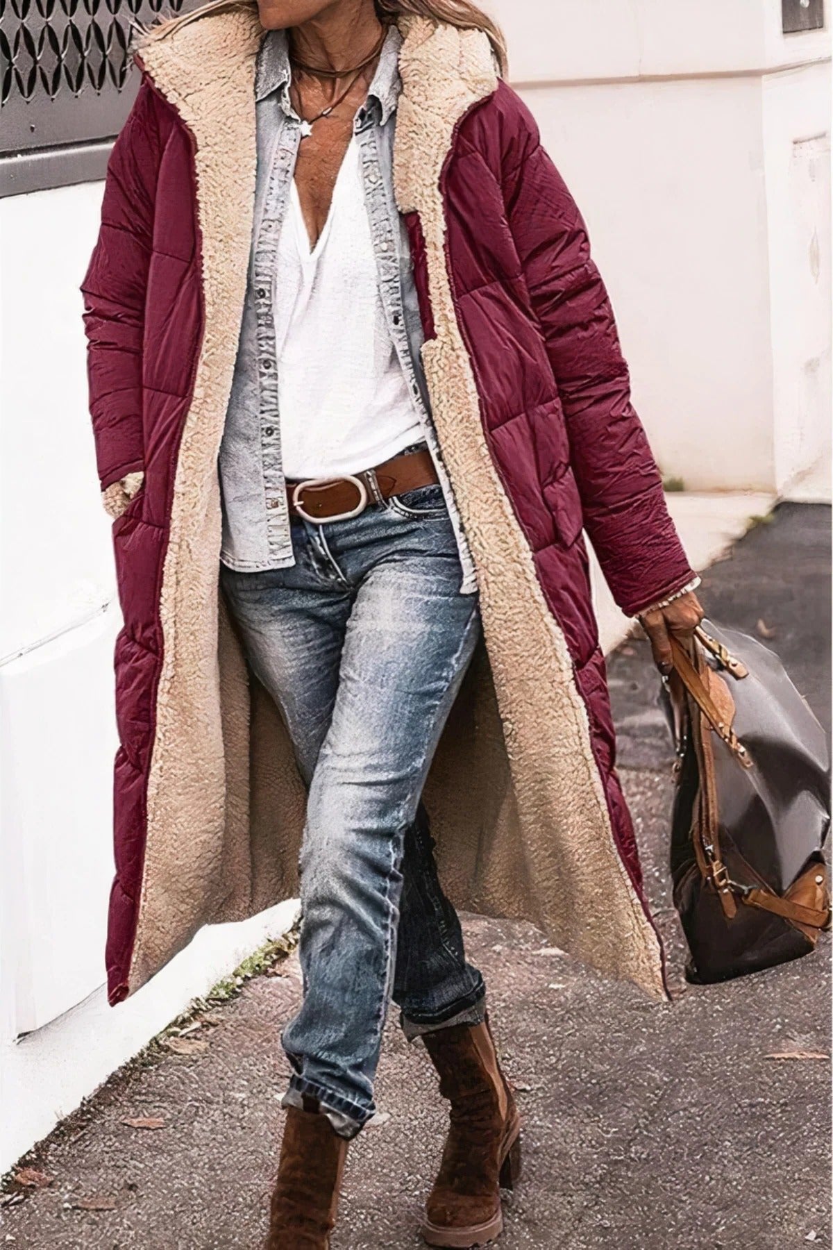 Women's Oversized Maxi Hooded Longline Teddy Puffer Coat - Burgundy