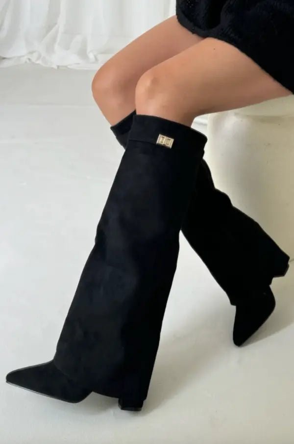 Women's Suede Knee-High Boots - Black