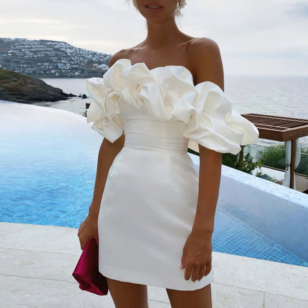 Women's Satin Off-Shoulder Strapless Bodycon Mini Party Dress - White