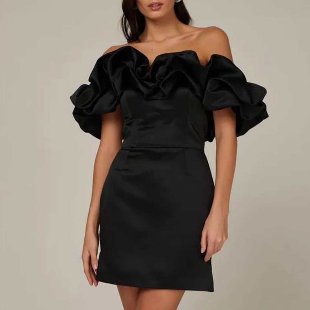 Women's Satin Off-Shoulder Strapless Bodycon Mini Party Dress - Black
