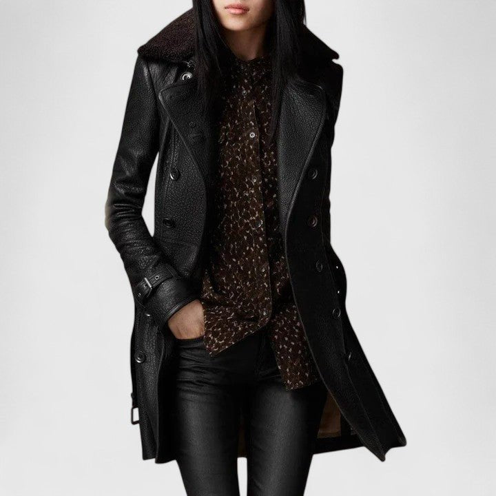 Women's Shearling Leather Trench Coat - Black