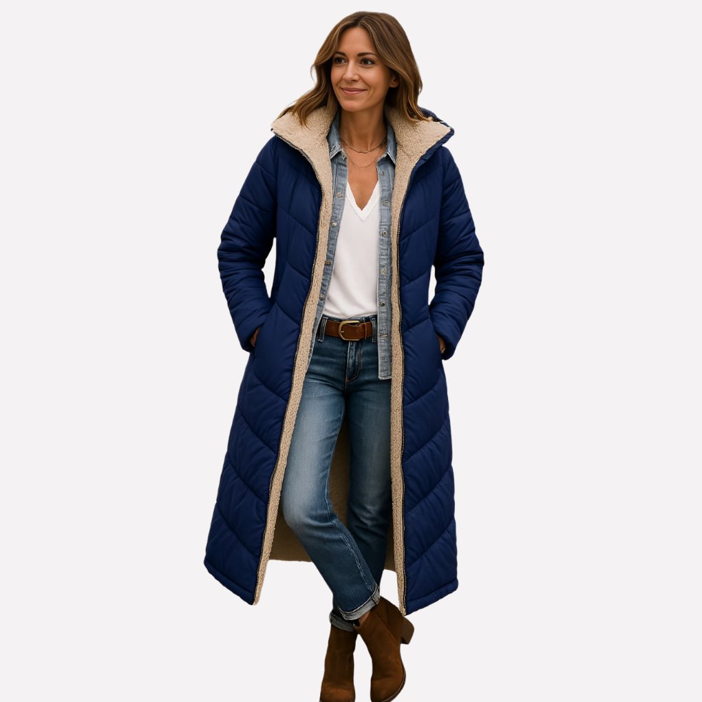 Women's Sherpa-Lined Longline Teddy Puffer Coat - Navy Blue