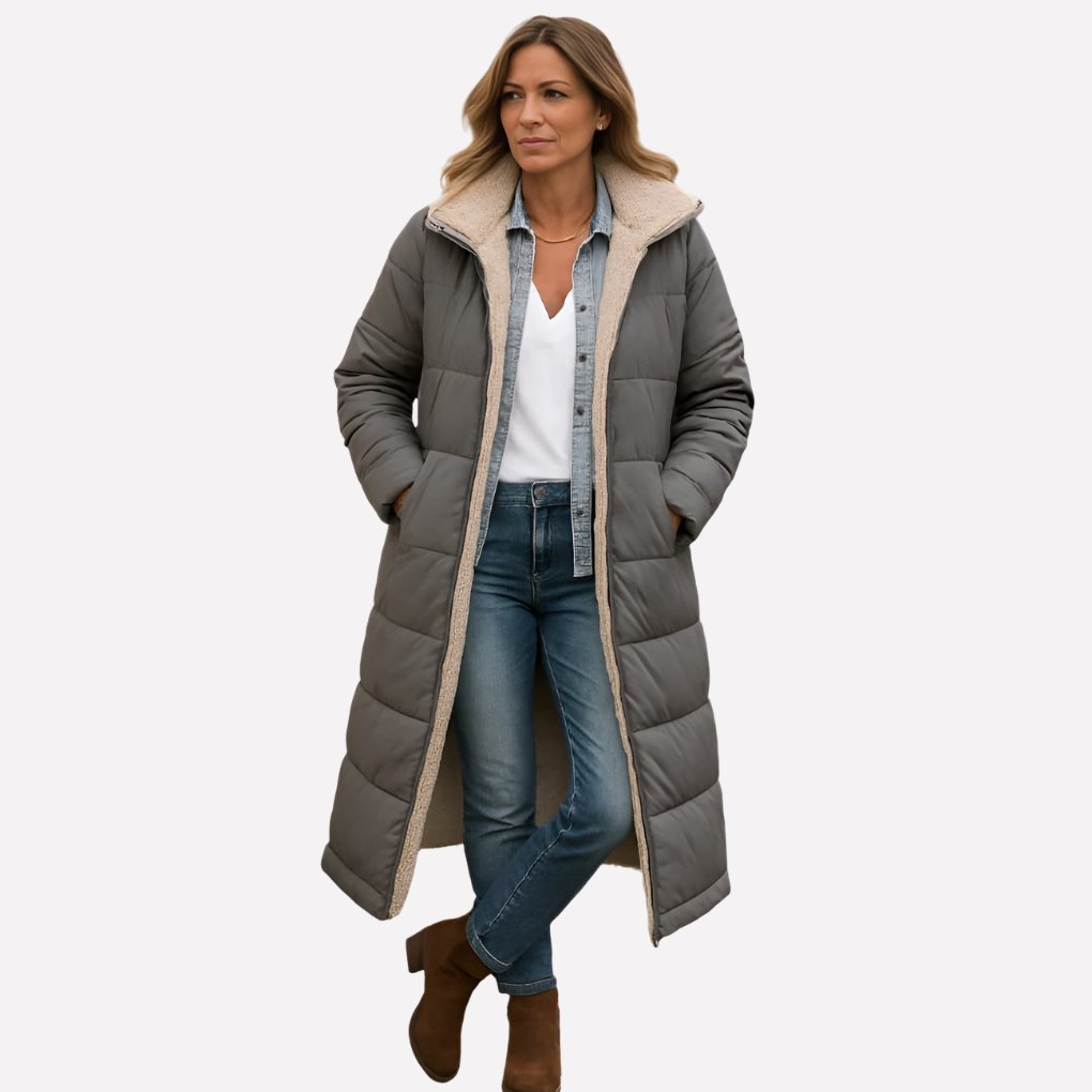 Women's Sherpa-Lined Longline Teddy Puffer Coat - Gray