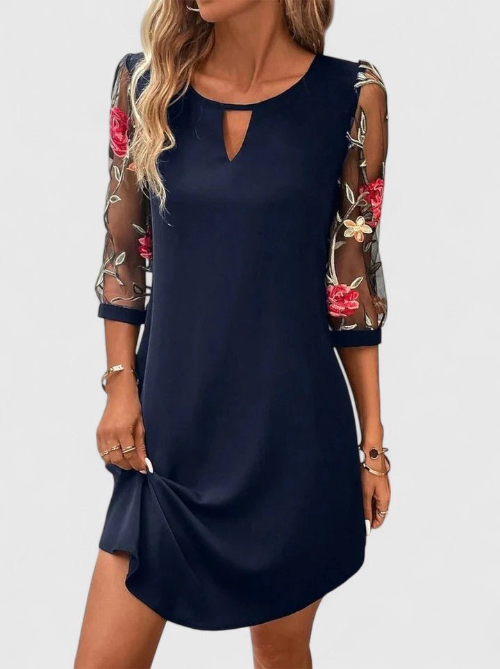Women's Black Floral Mini Party Dress - Navy Blue