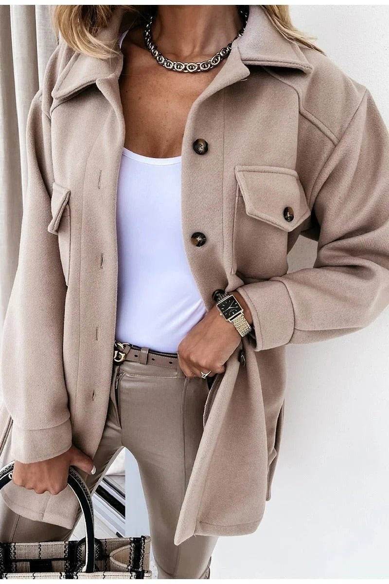 Women's Oversized Longline Wool Shirt Jacket - Beige