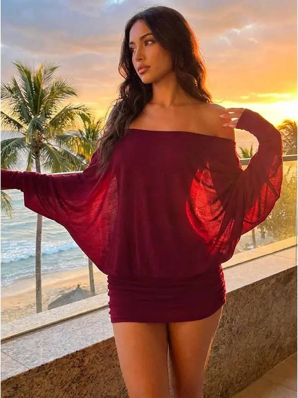Women's Long Sleeve Off-Shoulder Bodycon Mini Party Dress - Wine Red