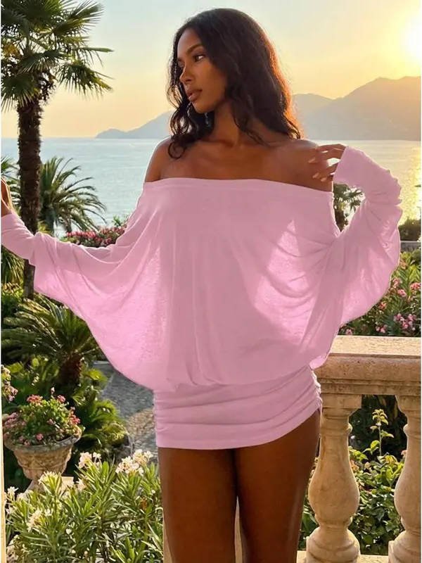 Women's Long Sleeve Off-Shoulder Bodycon Mini Party Dress - Pink