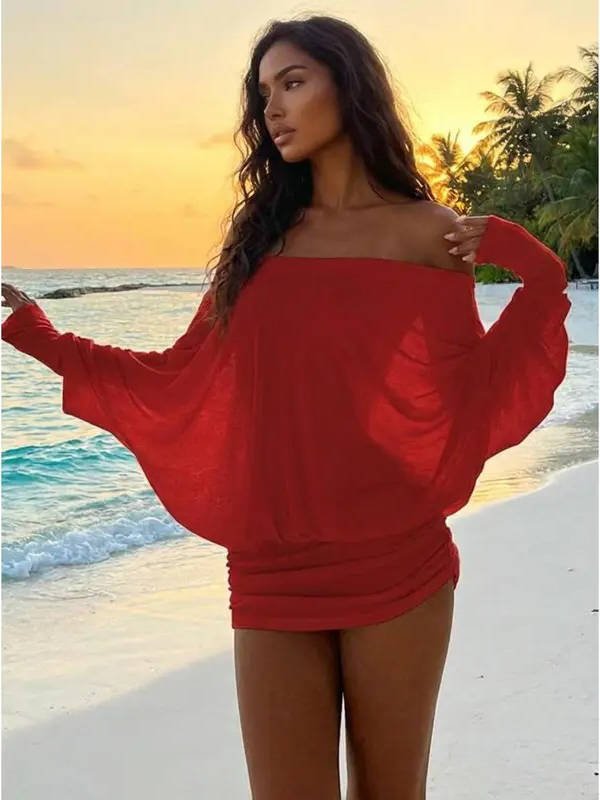 Women's Long Sleeve Off-Shoulder Bodycon Mini Party Dress - Red