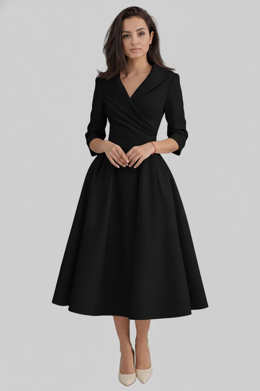 Women's Black Cocktail Wrap Midi Party Dress - Black