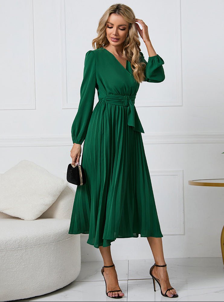 Women's Black Pleated Chiffon Cocktail Long Sleeve Midi Party Dress