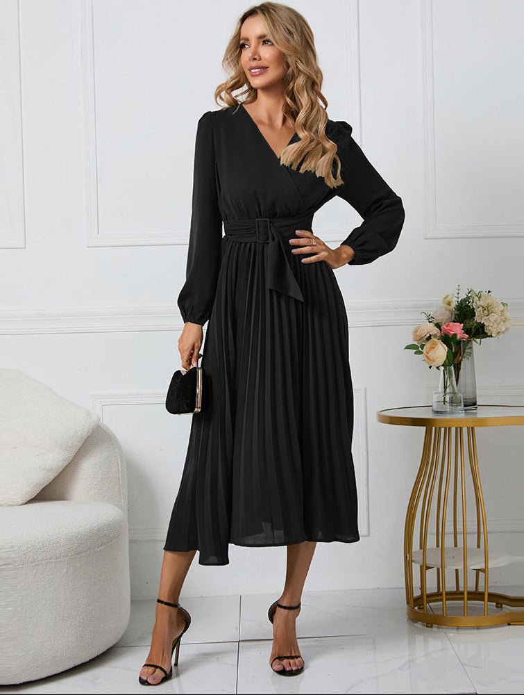 Women's Black Pleated Chiffon Cocktail Long Sleeve Midi Party Dress