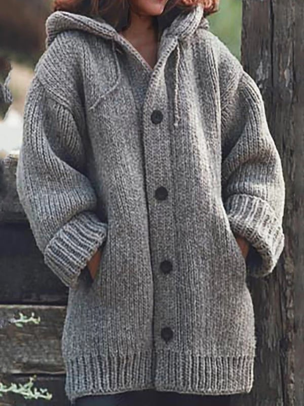 Women's Chunky Oversized Knit Ribbed Hooded Cardigan - Gray