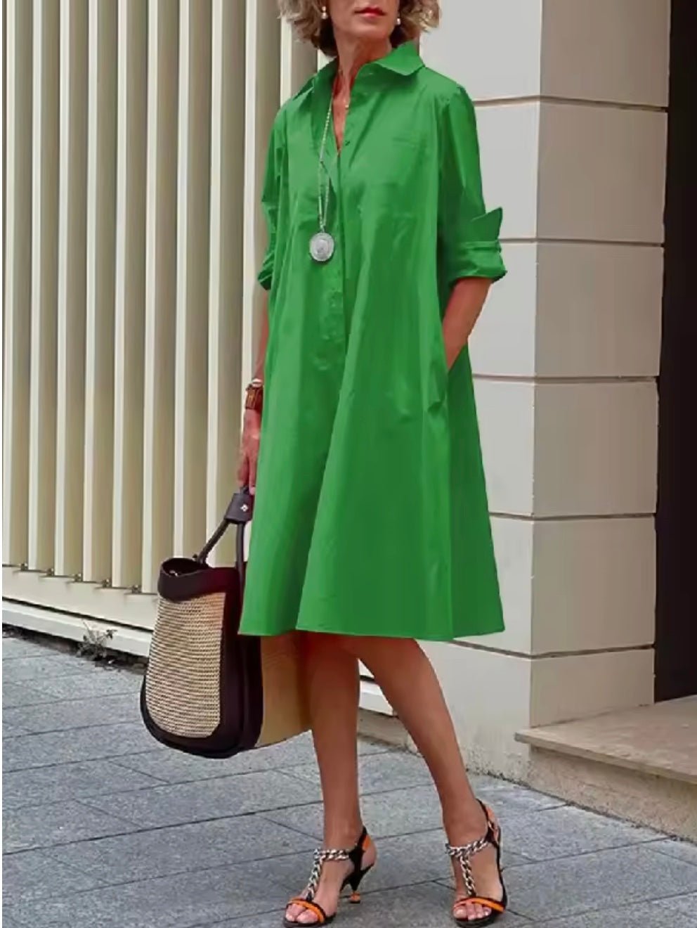 Women's Black Midi Shirt Dress - Green