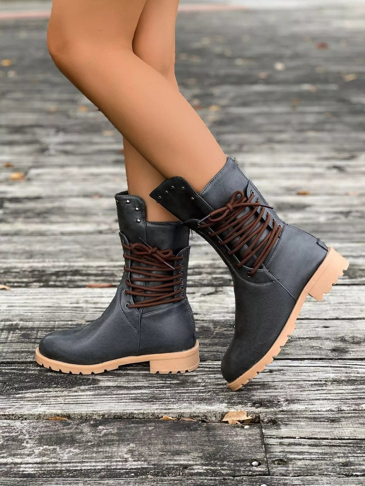 Women's Lace-Up Combat Boots - Gray
