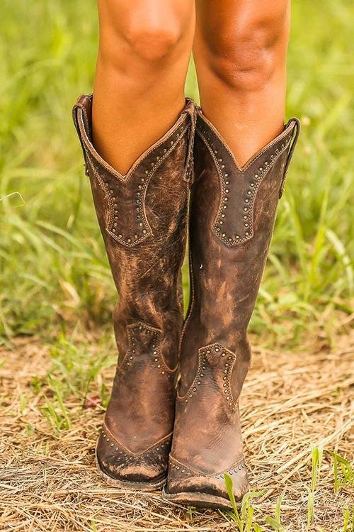 Women's Leather Western Cowboy Knee-High Boots - Brown