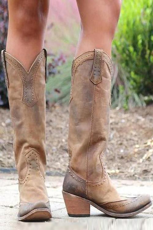 Women's Leather Western Cowboy Knee-High Boots - Yellow