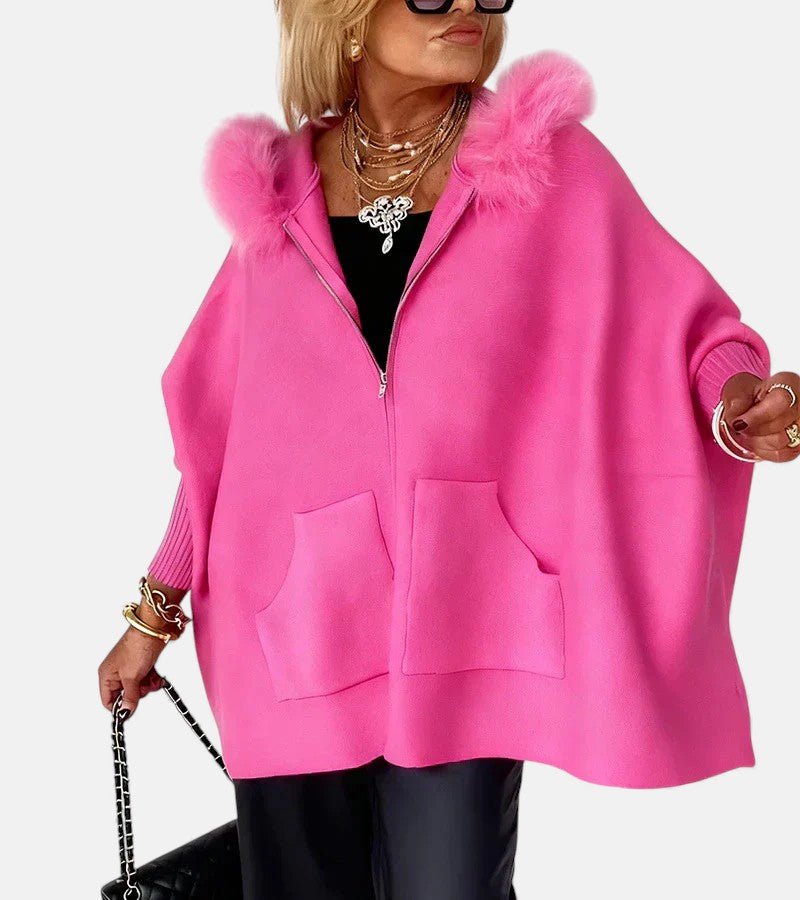 Women's Oversized Cape Hooded Faux Fur Wool Coat - Pink