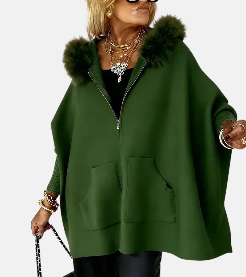 Women's Oversized Cape Hooded Faux Fur Wool Coat - Green