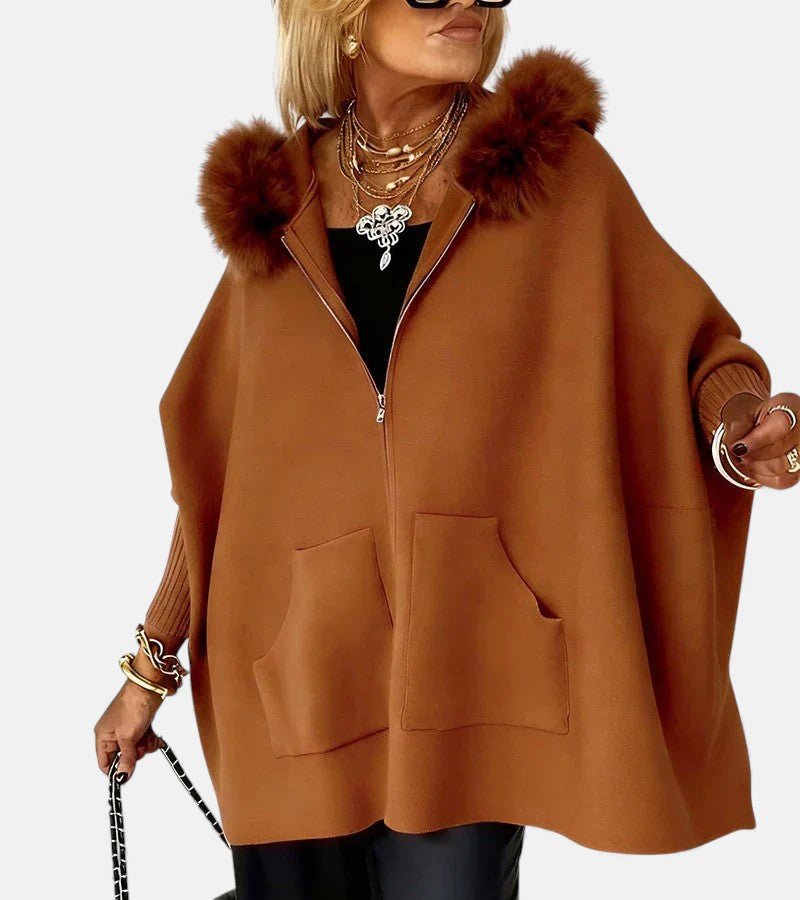 Women's Oversized Cape Hooded Faux Fur Wool Coat - Caramel