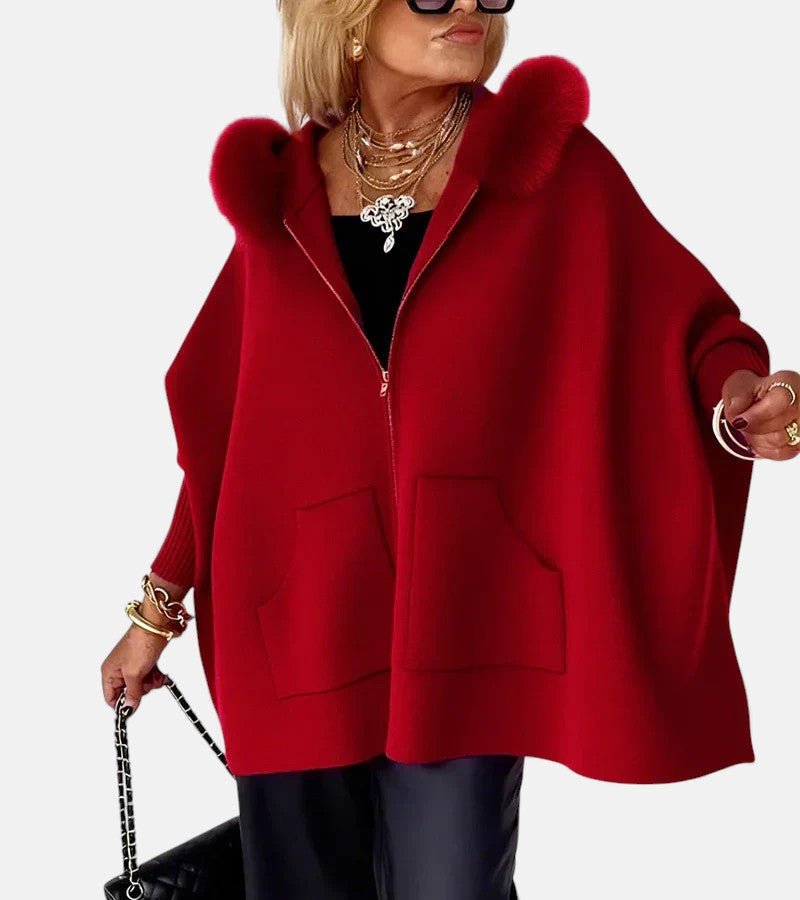 Women's Oversized Cape Hooded Faux Fur Wool Coat - Red