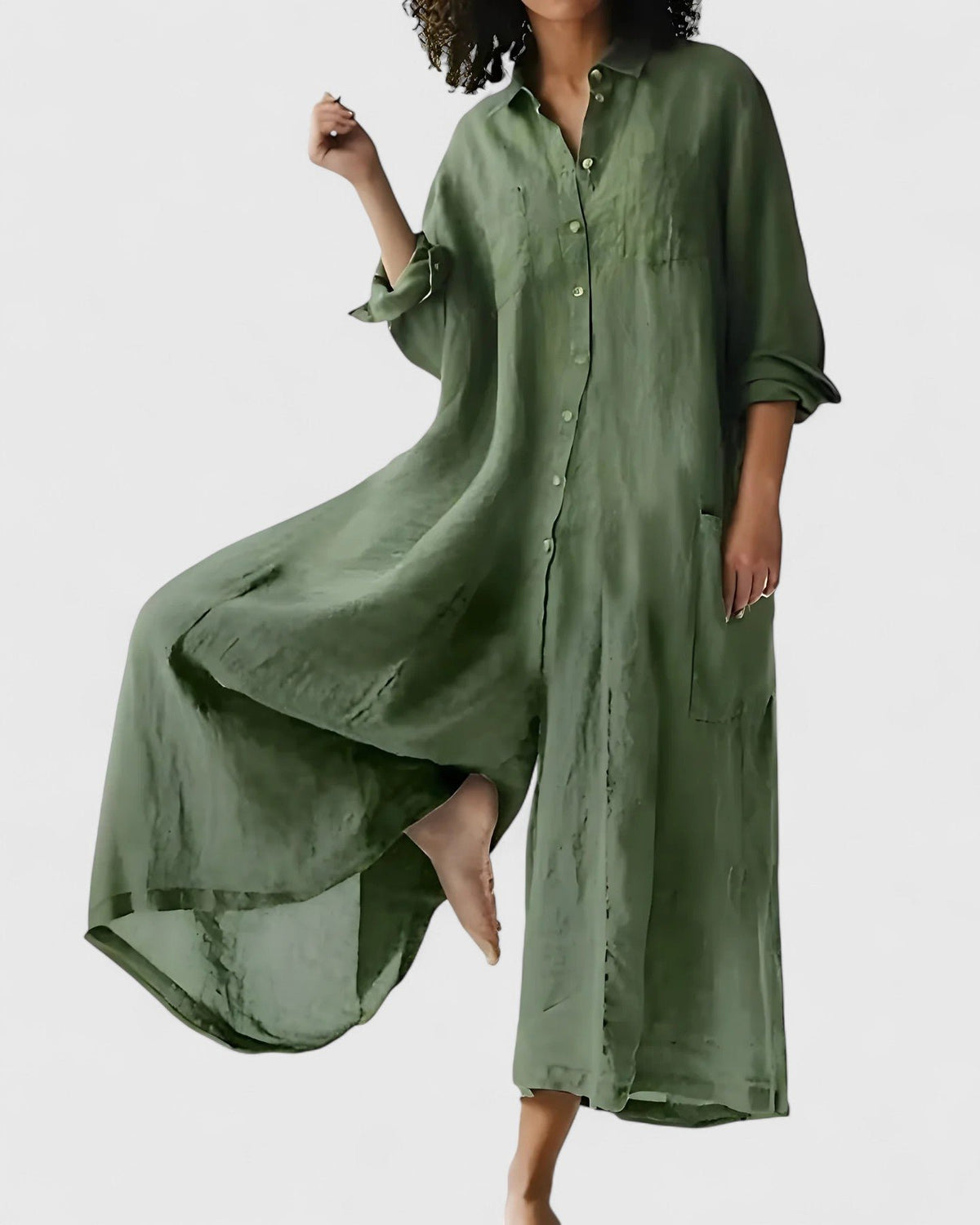 Women's Satin Long Sleeve Maxi Shirt Dress - Green