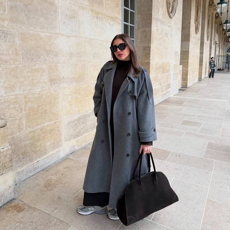 Women's Wool Double-Breasted Trench Coat - Gray