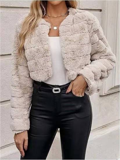 Women's Cropped Faux Fur Puffer Jacket - Beige