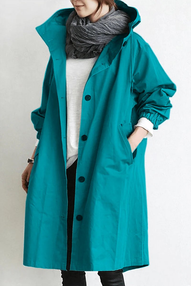 Women's Oversized Midi Hooded Longline Trench Coat - Turquoise