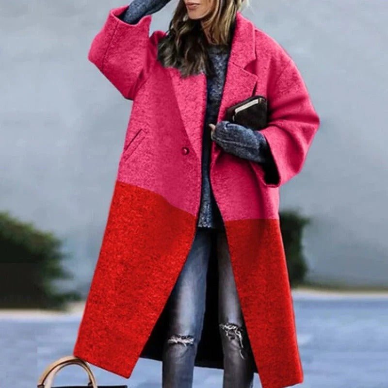 Women's Oversized Plaid Longline Wool Coat - Red