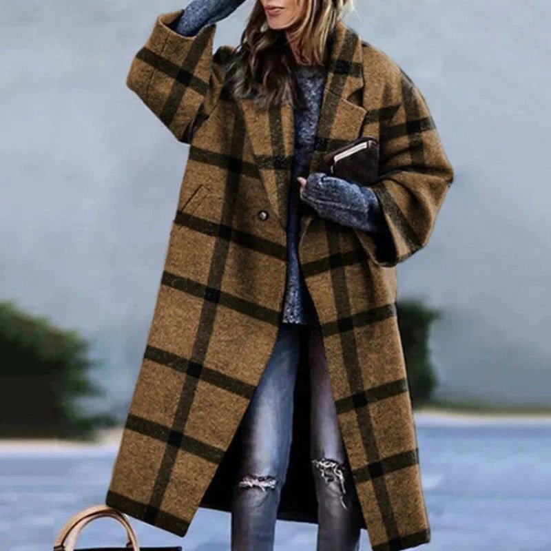 Women's Oversized Plaid Longline Wool Coat - Khaki