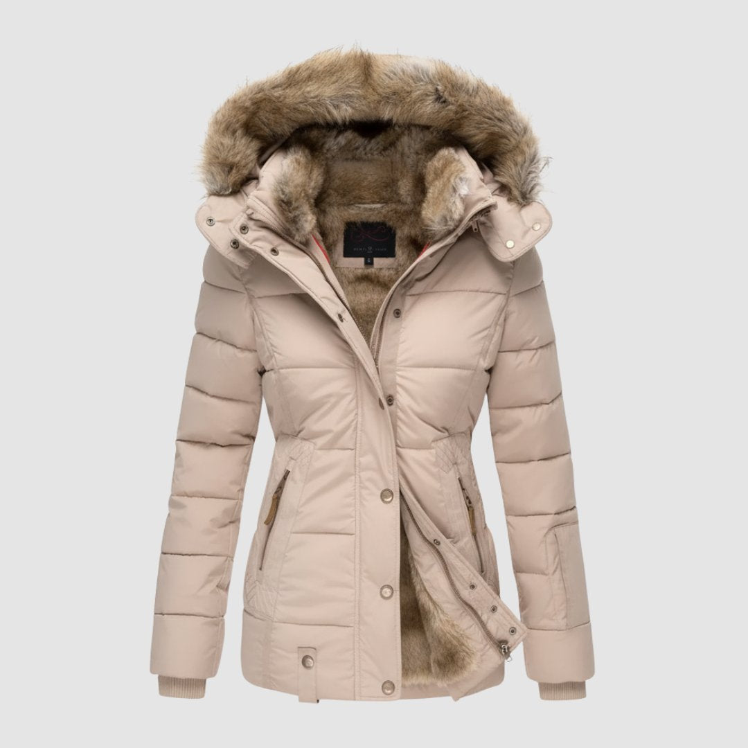 Women's Faux Fur Puffer Jacket - Beige