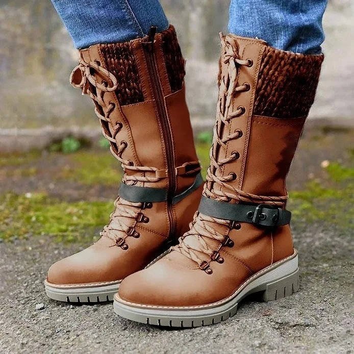 Women's Faux Leather Combat Boots - Brown