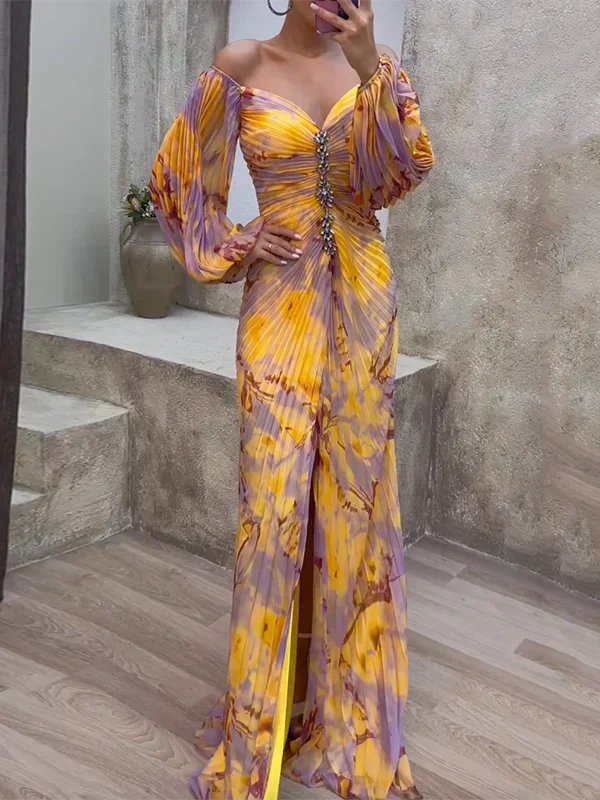 Women's Floral Sequin Off-Shoulder Maxi Party Dress - Yellow